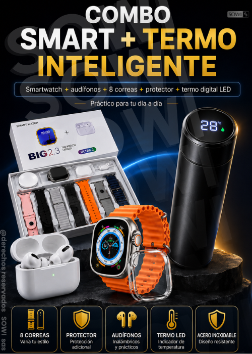 COMBO ULTRA (10 EN 1) RELOJ +AUDÍFONOS TERMO +8 CORREAS+PROTECTOR GRATIS.🎁
