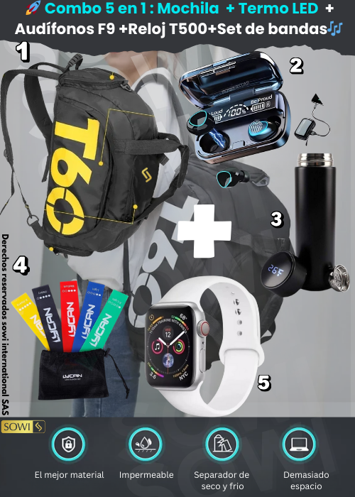 🚀 Combo 5 en 1 : Mochila  + Termo LED  + Audífonos F9 +Reloj T500+Set de bandas