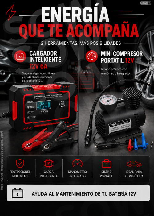 ⚡ COMBO: Cargador Inteligente + Mini Compresor