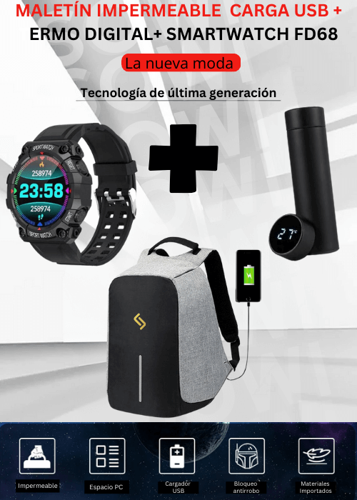 Combo Maleta Antirrobo Con Carga+Termo Digital+Obsequio De Reloj inteligenteFD68🎁