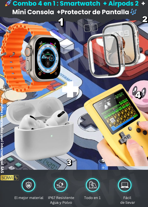 Combo Smartwatch +Airpods  + MiniConsola 400 Juegos+Protector de pantalla🎁