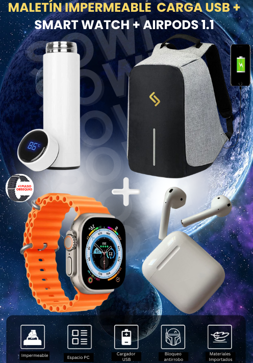 Combo Maleta Antirrobo Usb+ Reloj Inteligente+Termo Inteligente+ AirPods Obsequio®🎁