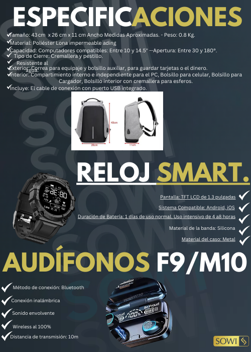 COMBO MALETIN IMPERMEABLE USB +AUDIFONOSF9/M10+SMARTWATCH OBSEQUIO 🎁