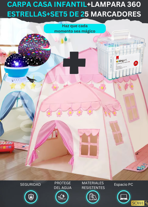 CARPA CASA INFANTIL+LAMPARA 360 ESTRELLAS+SET5 DE 25 MARCADORES😍