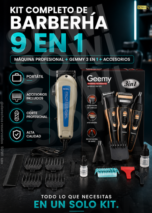 😍 Kit de Barbería 9 en 1: Máquina de Corte + Afeitadora 3 en 1 + Accesorios😍