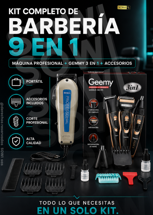 😍 Kit de Barbería 9 en 1: Máquina de Corte + Afeitadora 3 en 1 + Accesorios.😍