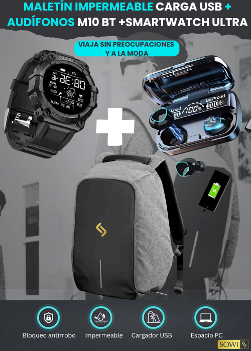 COMBO MALETIN IMPERMEABLE USB +AUDIFONOSF9/M10+SMARTWATCH OBSEQUIO 🎁