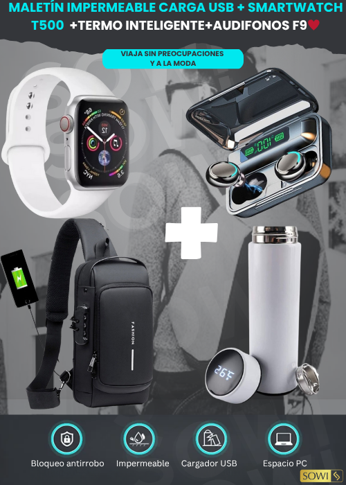 🎁PACK, RIÑONERA IMPERMEABLE USB +AUDIFONOS F9+ TERMO INTELIGENTE+SMARTWATCH OBSEQUIO. 🎁