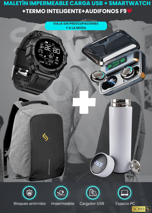 COMBO MALETIN IMPERMEABLE USB +AUDIFONOSF9+ TERMO INTELIGENTE+SMARTWATCH FD68 OBSEQUIO 🎁