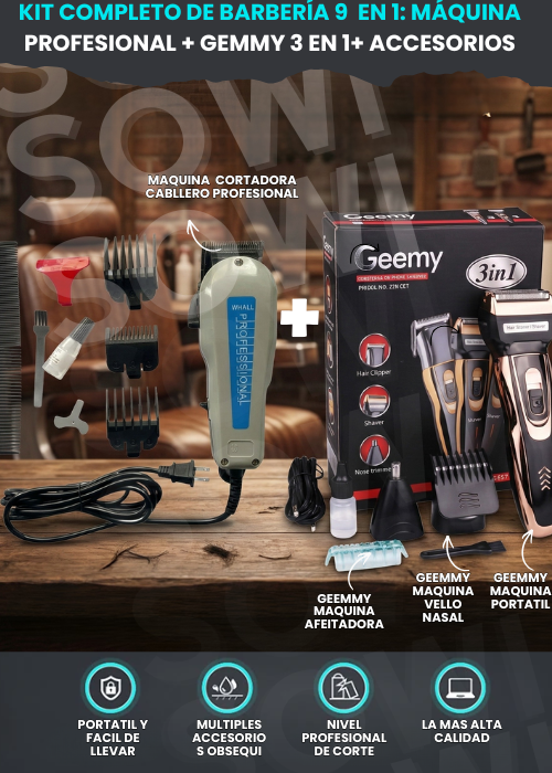 ✂️ Kit de Barbería 9 en 1: Máquina de Corte + Afeitadora 3 en 1 + Accesorios
