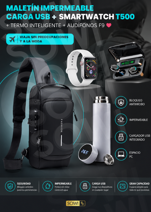 🎁PACK RIÑONERA IMPERMEABLE USB +AUDIFONOS F9+ TERMO INTELIGENTE+SMARTWATCH OBSEQUIO 🎁