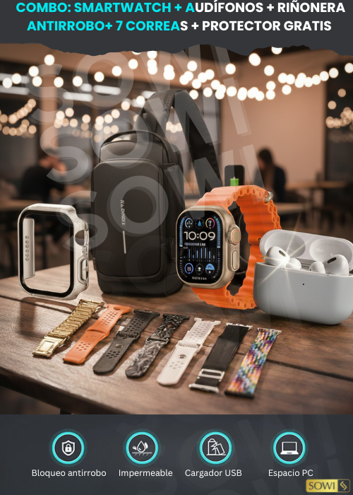 Combo: Smartwatch + Audífonos + Riñonera antirrobo+ 7 Correas + Protector Gratis 😍