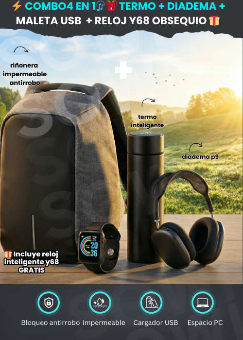 ⚡ Combo4 en 1🎧🎒 Termo + Diadema + Maleta usb  + Reloj Y68 obsequio 🎁