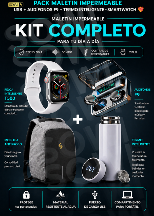 PACK MALETIN IMPERMEABLE USB +AUDIFONOSF9+ TERMO INTELIGENTE+SMARTWATCH OBSEQUIO 🎁