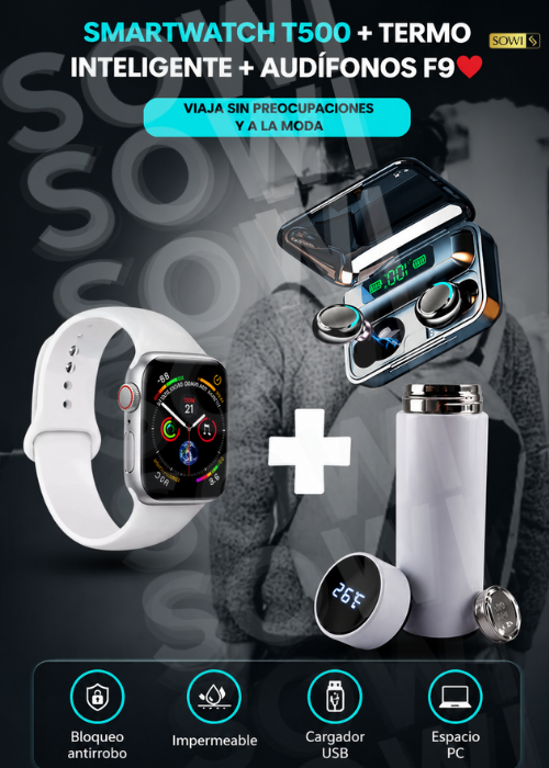 COMBO SMARTWATCH  T500  +TERMO INTELIGENTE+AUDIFONOS F9♥️