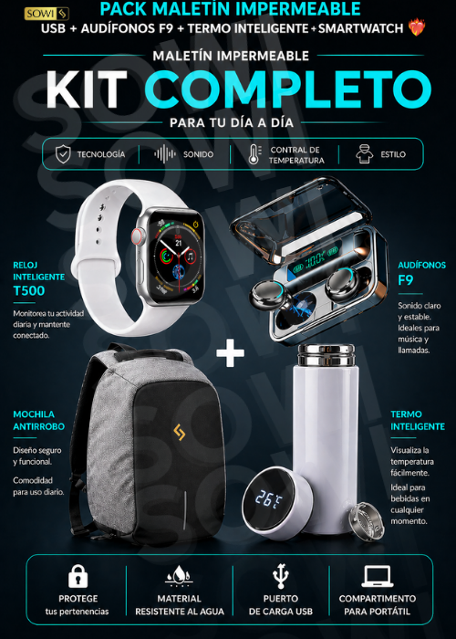 🎁COMBO MALETIN IMPERMEABLE USB +AUDIFONOS F9+ TERMO INTELIGENTE+SMARTWATCH OBSEQUIO 🎁