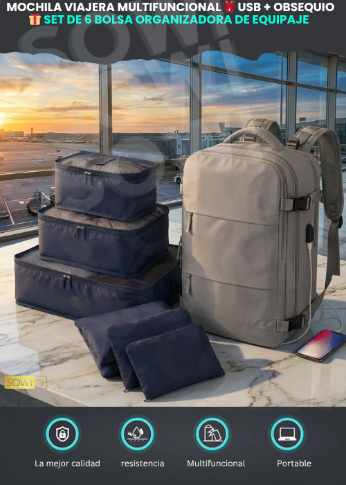 Mochila  viajera multifuncional USB 🎒 + Set De 6 Bolsa Organizadora De Equipaje