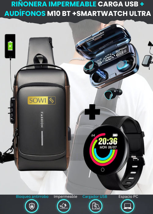 COMBO RIÑONERA IMPERMEABLE USB +AUDIFONOSF9/M10+SMARTWATCH OBSEQUIO 🎁