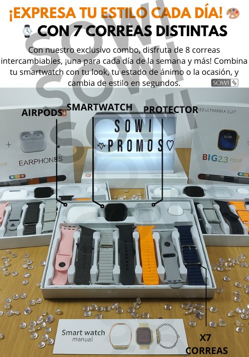 Combo: Smartwatch + Audífonos + Riñonera antirrobo+ 7 Correas + Protector Gratis 😍